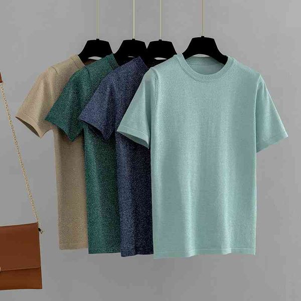 

gigogou lurex glitter women summer t shirt knitted casual short sleeves o-neck slim kintwear basic female t-shirt 210322, White