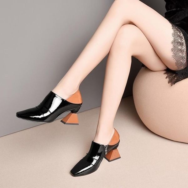 

dress shoes strange style heel high pumps women square toe zip footwear patent cow leather female mules party woman spring 2021, Black