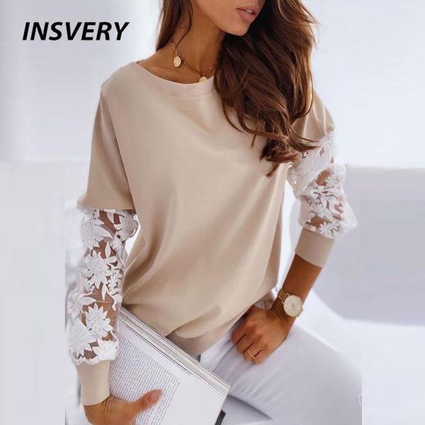 

women's blouses & shirts fashion sweatshirt women o neck long sleeve pullover spring autumn lace patchwork blouse for loose, White