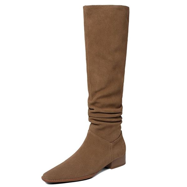 

boots full cow suede leather women knee-high square toe low heels fashion concise autumn winter party shoes woman, Black