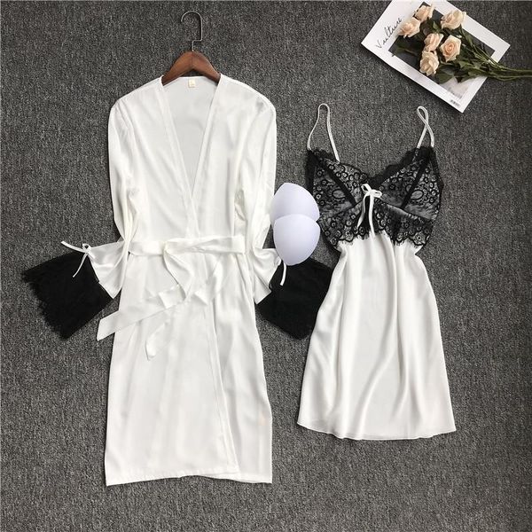 

women's sleepwear 2021 women backless robe sets black lace v-neck nightgown bride dressing bathrobe gown summer nightdress, Black;red
