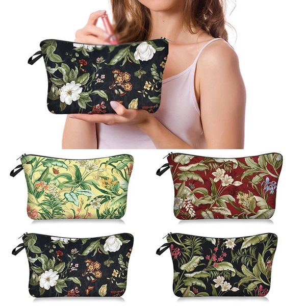 

women cosmetic cases makeup bag toiletry tool ladies green leaf flowers pattern makeup bag girls portable make up organizer bag, Blue;pink