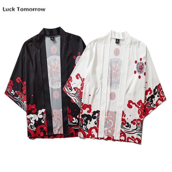 

style harajuku japanese fashion kimono 2021 white black men and women cardigan blouse haori obi asian clothes samurai ethnic clothing, Red