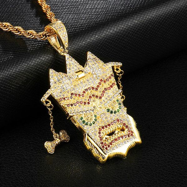 

personality hip hop uka mask gold pendant copper inlaid zircon men necklace luxury fashion gift jewelry necklaces, Silver
