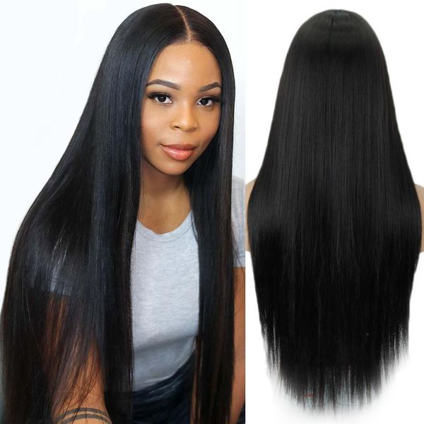 

synthetic wigs linghang long straight black wig mixed brown and blonde for women middle part nature lolita cosplay