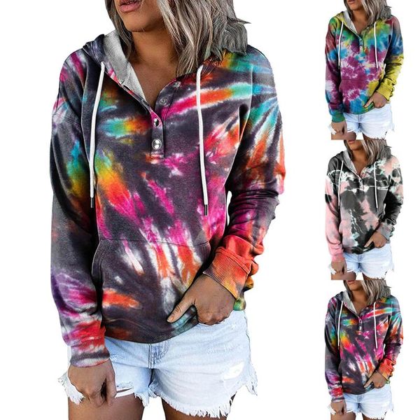 

women's hoodies & sweatshirts button drawstring pocket hooded long sleeve tie-dye gradient print hoodie sweatshirt harajuku, Black