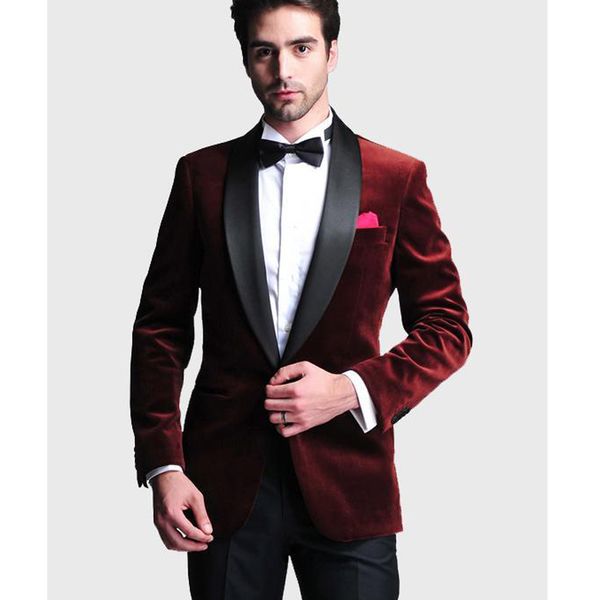 

men's suits & blazers burgundy velvet prom men with black shawl lapel 2 piece male fashion wedding tuxedo blazer pants evening costumes, White;black