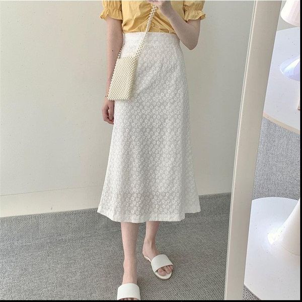 

white embroidery hook flowers women skirts vintage high waist gentle fashion all match stylish sweet girls, Black