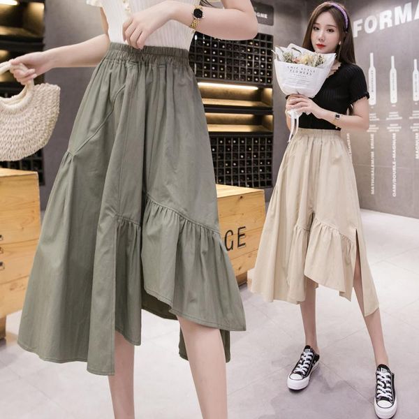 

skirts high waist irregular ruffled skirt female summer mid-length spring autumn solid color overalls, Black