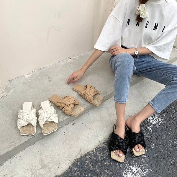 

weave women slippers open toe cross strap solid color slip on fashion slides 2021 flats shoes woman size 35-39 outdoor, Black