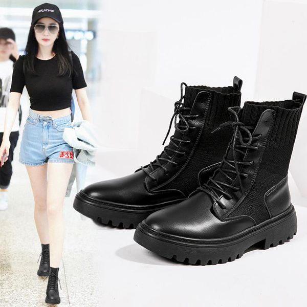

boots leather women's british style autumn 2021 net red thick-soled knit inner heightening motorcycle, Black