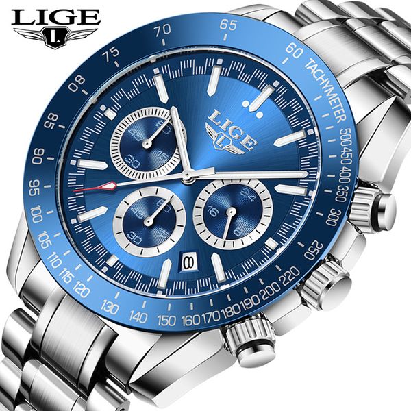 

lige men watches fashion blue stainless steel waterproof sports watch men luxury luminous date 24 hours chronograph quartz clock, Silver