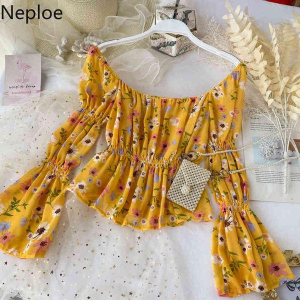 

neploe women blouses o neck flare sleeve crop summer korean blusas mujer sweet slim waist floral chiffon shirt 4h623 210422, White