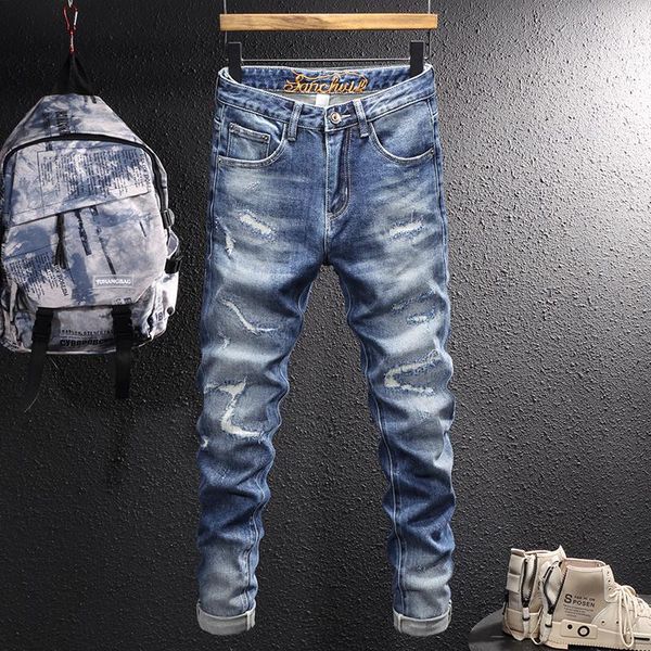 

men's jeans european vintage fashion men retro blue elastic slim ripped patchwork designer casual denim pants