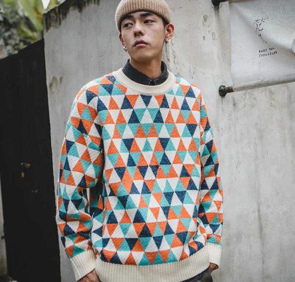 

men's sweaters pullovers japanese rhombus patterns homemade ins wind loose round neck trendy brand male couples clothing, White;black