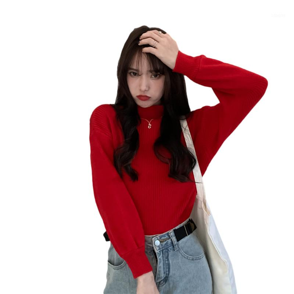 

harajuku winter half turtleneck knit sweater ladies 2021 pullover korean solid long sleeve clothes loose pull femme w006 women's sweat, White;black