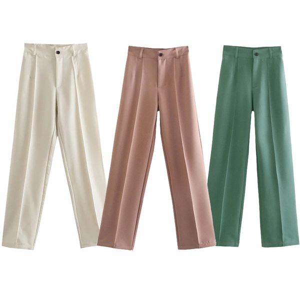

traf women pink high waist pants fashion office female trousers za chic classic straight pants button up black loose trouse 210721, Black;white