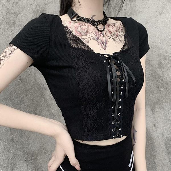 

women's t-shirt [you're my secret] summer fashion black gothic harajuku crop bow tie lace up bodycon vintage women cloth, White