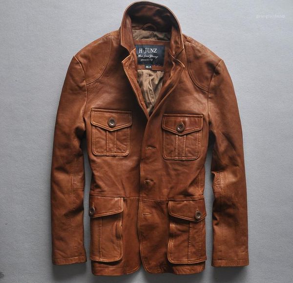 

men's leather & faux slim fit italy vintage jacket four pockets suit coat men brown m-xxl, Black