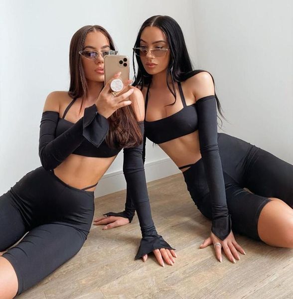 

women's tracksuits est chic women fashion halter black long sleevetwo pieces bandage set 2021 celebrity designer shorts, Gray