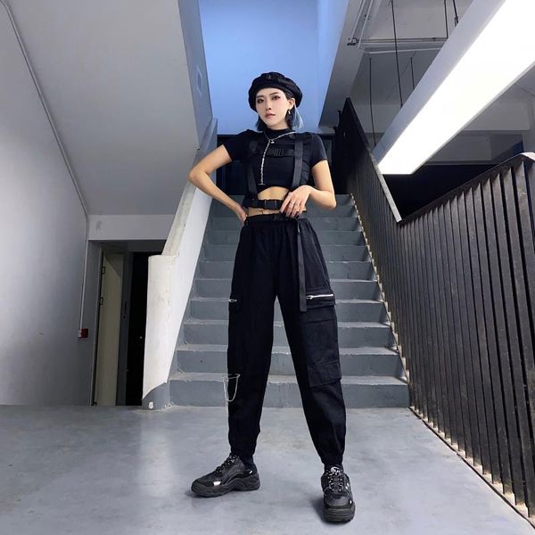 

women's pants & capris black hip hop cargo for women autumn fashion pin zipper straight casual high waist loose streetwear sports trous, Black;white