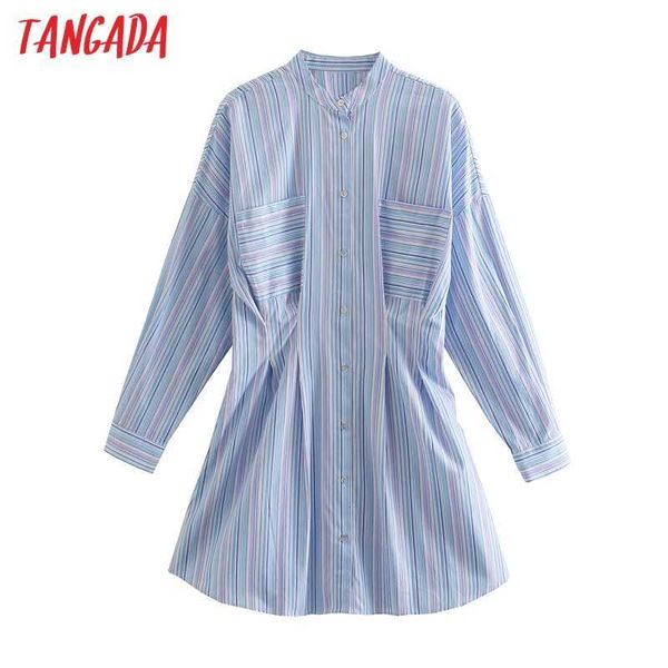 Tangada moda donna colorata stampa a righe camicia vestito tunica manica lunga signore mini abito 4N6 210609