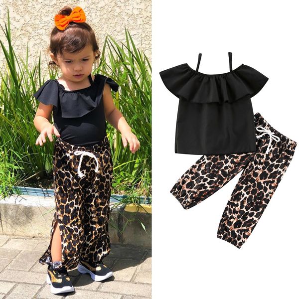 

1-6y summer fashion toddler girls clothes sets off shoulder short sleeve black t shirts +leopard pants, White