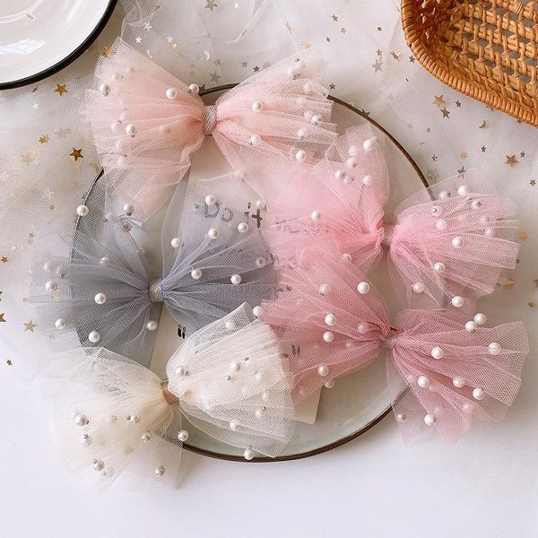 

hair accessories 2021 korean sweet girl beautiful colorful imitation pearl yarn bow duckbill clip children fashion hairpins, Slivery;white