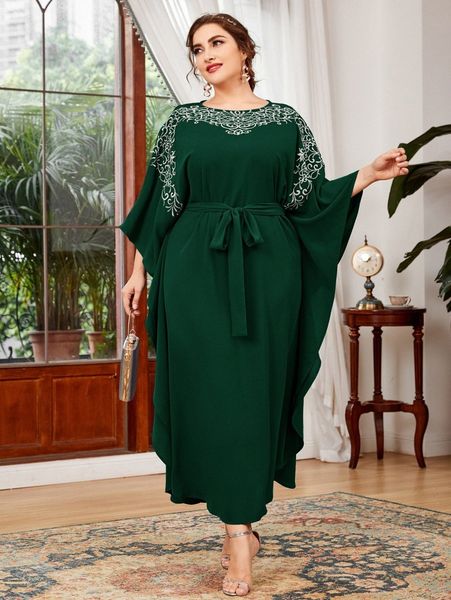 

plus embroidery belted dress u77l#, Black