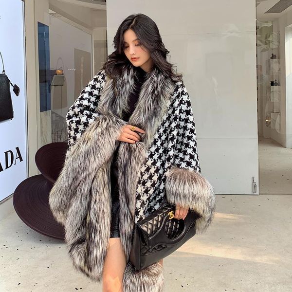 

women's fur & faux famous winter women natural collar poncho coats fashion trendy warm real dt031, Black