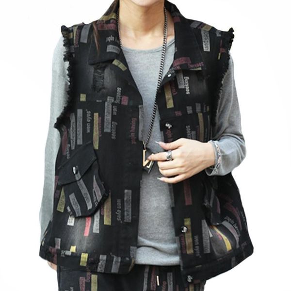 

women's vests limindspcxqq autumn streetwear denim printed vest coats womens sleeveless casual waistcoats ladies loose vintage punk clo, Black;white
