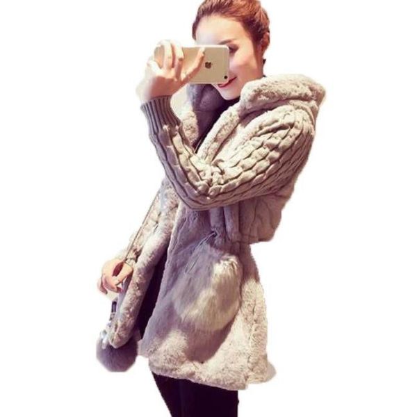 

women's knits & tees chic women winter twist crocheted knitted cardigan faux fur stitching hooded hooked jacket plush thick zipper swea, White