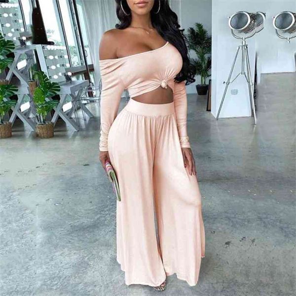 

2 piece set women matching sets fall pink long sleeve slash neck loose wide leg pants sold two pieces 210510, White