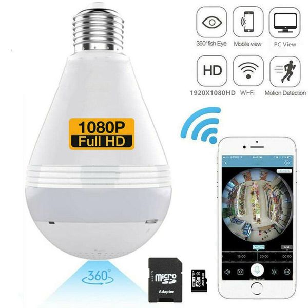 

panoramic bulb light camera full hd 1080p 360 degree fisheye wi-fi led lamp ip e27 ir night dome security cameras