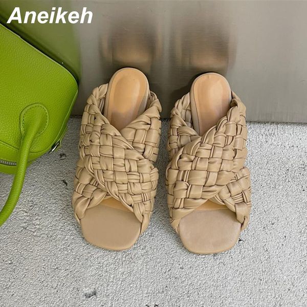 

aneikeh 2021 ladies shoes summer flat with peep toe slippers pu shallow party string sweet concise checkered ethnic leisure, Black