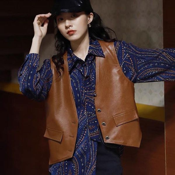 

women's vests 2021 spring autumn pu leather brown vest short faux sleeveless coat female waistcoat feminine jacket y16, Black;white