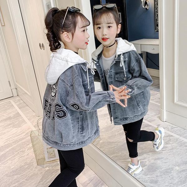 

jackets girls denim hooded jacket 4 6 8 11 12 years windbreaker kids korean outerwear spring teens cloth coat windproof girl, Blue;gray
