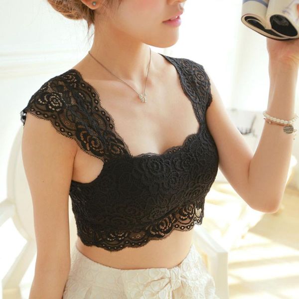 

women lace strap tube comfortable crop bras chest wrap bandeau flower padded camisole lingerie bustiers & corsets, Black;white