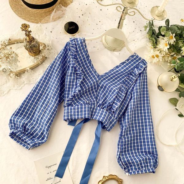 

women's blouses & shirts blouse 2021 fashion long sleeve women and v neck plaid shirt casual ruffles blusas chemise femme, White
