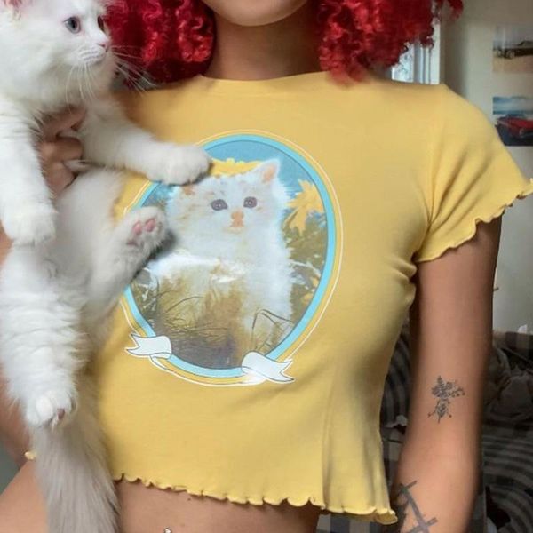 

women's t-shirt pink crop women summer harajuku cat graphic t shirt ladies 2021 e girl y2k aesthetic egirl kawaii cute, White