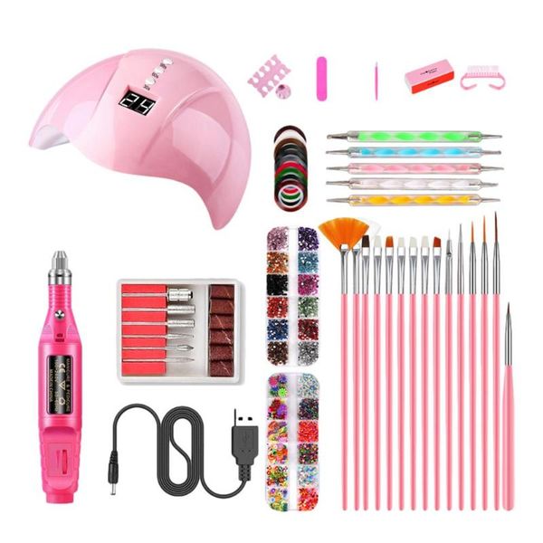 

nail art kits uv led smart lamp set professional quick drying dryer usb polisher pen 24 colors gel complete diy tools