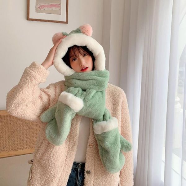 

scarves creative five finger gloves thickened plush girls' outdoor warm wool three in one hat scarf winter lamb, Blue;gray