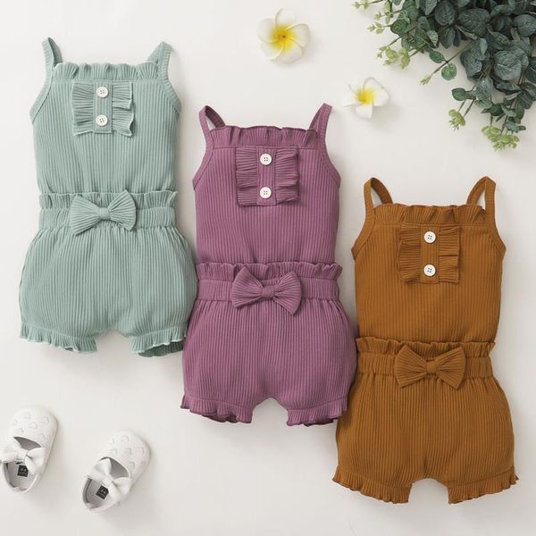 

summer born baby girl clothes ruffles solid ribbed knit suspender sleeveless bow bodysuits bowknot shorts outfits clothing sets, White