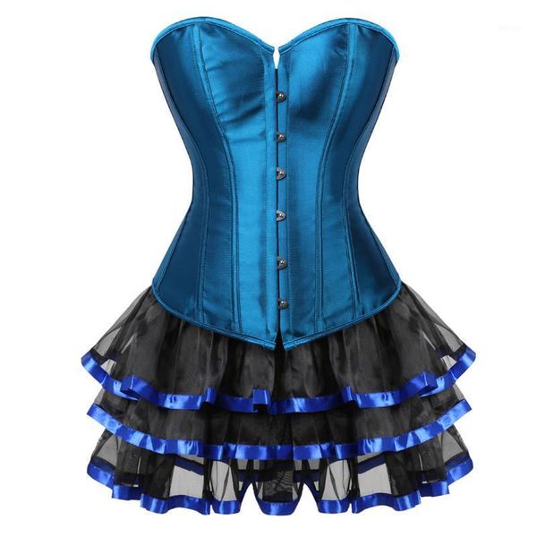 

bustiers & corsets blue dress overbust satin corset with mini tutu skirts for women party plus size burlesque fashion costume, Black;white