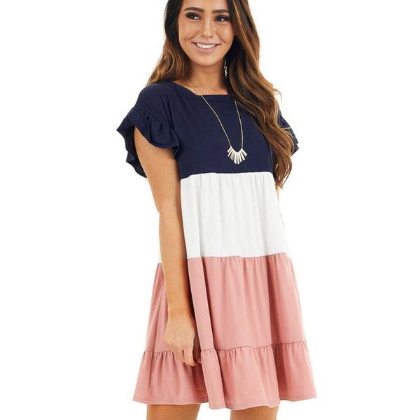 

maternity dresses clothes for pregnant women summer solid o-neck short sleeve ruffle patchwork loose dress, White