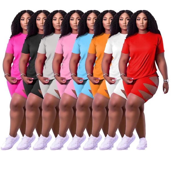 

women's tracksuits cutubly solid women 2 piece sets outfits summer short sleeve hollow out biker shorts tracksuit high waist, Gray