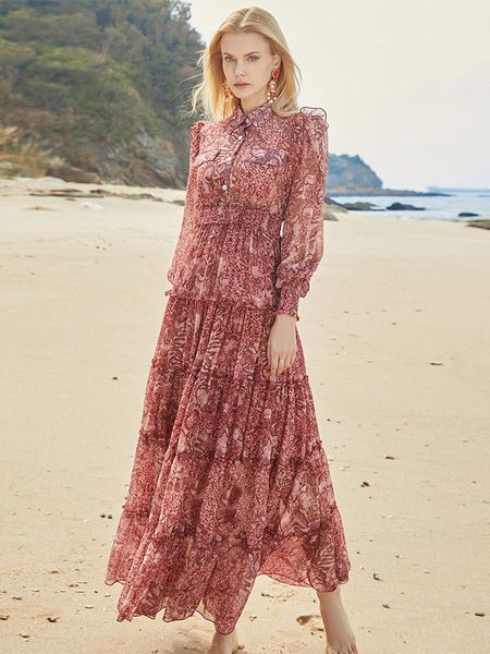 

casual dresses bohemian holiday style autumn women's lapel lantern long sleeves elegant floral dress for women, Black;gray