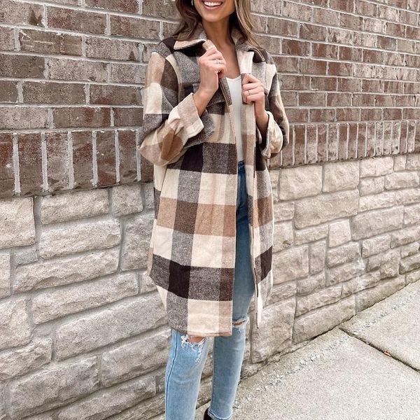 

women's jackets mesttraf women 2021 fashion single-breasted plaid long coat retro sleeve lapel pocket streetwear, Black;brown