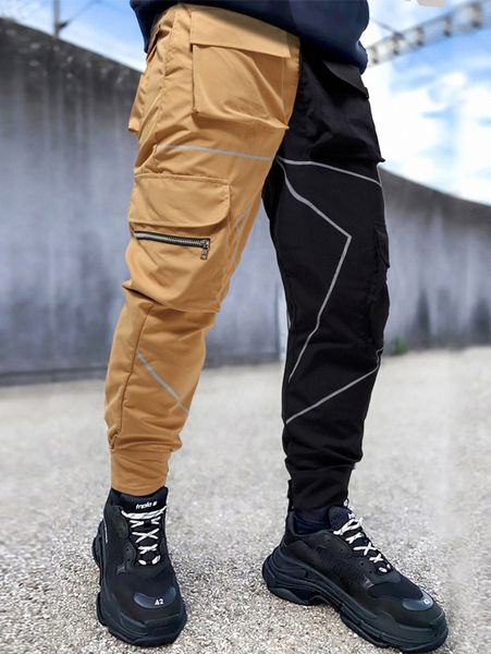 

men reflective binding two tone flap pocket cargo pants q9j4#, Black