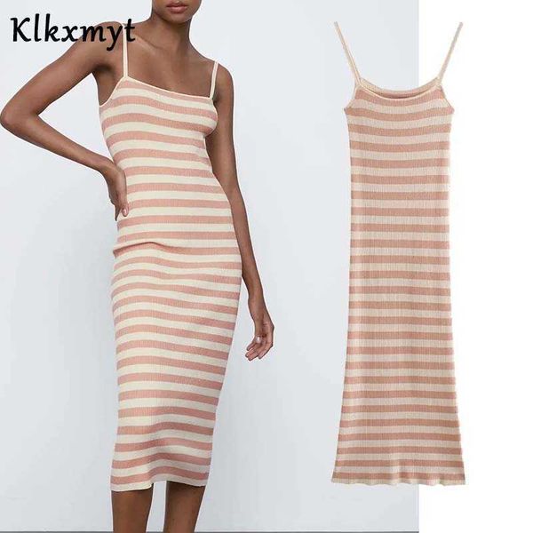 

klkxmyt za dress women spring fashion stripe sleeveless knitted midi es thin shoulder strap woman casual slim 210527, Black;gray